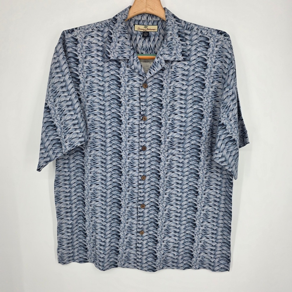 Tommy Bahama Mens Blue Silk Pineapple Basketweave Graphic Camp Shirt M